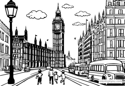 ilustrasi warni Big Ben karo bocah-bocah muter ing ngarepe