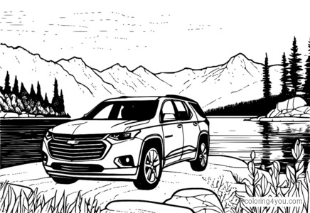 Minimalistische Illustration eines Chevrolet Traverse auf dem Weg zu einem malerischen Berggipfel mit schroffen Felsen und einem hoch aufragenden Baum