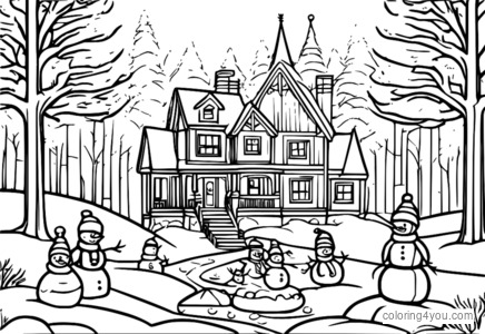 Group of snowmen building a snow fort, surrounded by winter trees.