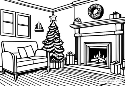 Disegno da colorare calze di Natale e albero davanti al caminetto