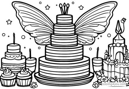 Fairy baking a cake coloring page.