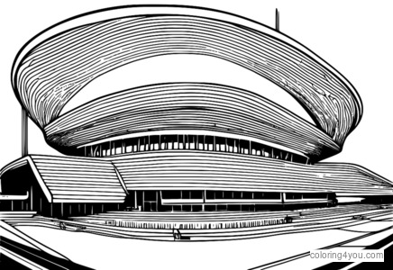 Stadio sportivo futuristico con una linea del tetto sfocata e distorta e un esterno dinamico