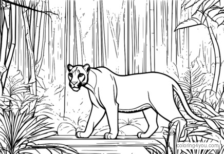 Harimau kumbang anggun meredah hutan berkabus, ilustrasi halaman mewarna