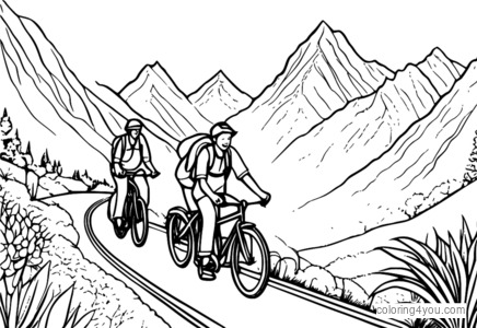 Group of friends riding a tandem bicycle through the mountains