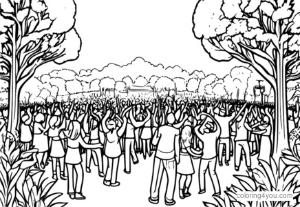 Crowd dancing at a music festival with trees in the background