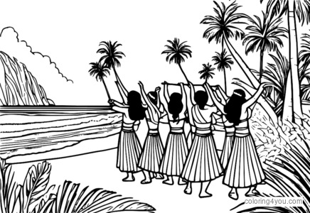 Group of Polynesian dancers performing the hula dance on a beach with fire poi and palm trees