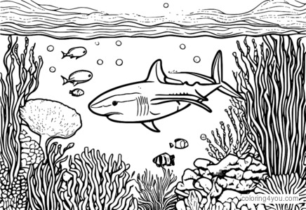 coloriage d'un requin et d'un hippocampe sur un récif de corail