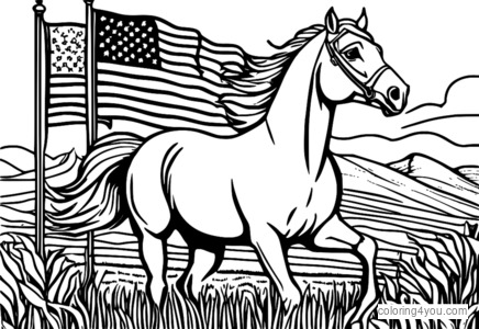 página para colorir de um cavalo branco cavalgando por um campo de bandeiras americanas.