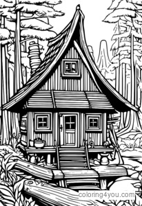 Baba Yaga's hut on chicken legs with an adventurer in a dark forest