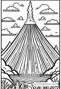 Criança criando uma erupção vulcânica com bicarbonato de sódio e ilustração de materiais de arte