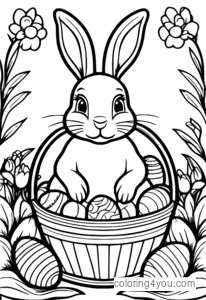 Easter bunny holding an overflowing Easter basket