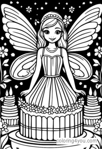 Fairy baking a cake coloring page.