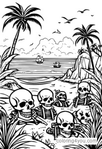 Pirate skeletons na nagbabantay sa kanilang kayamanan sa isang desyerto na isla sa paglubog ng araw.