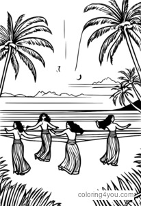 Groep Polynesische dansers die de hula-dans uitvoeren op een strand met vuurpoi en palmbomen