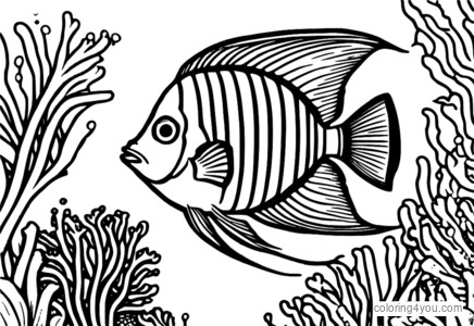 Coloring page of angelfish in coral reef.