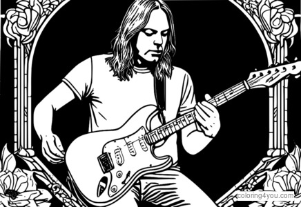 David Gilmour spelar en elgitarr, omgiven av Pink Floyd-logotyper och noter