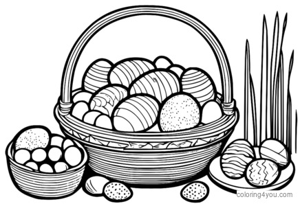 Coloring page of an Easter basket with hams, eggs, and candies.