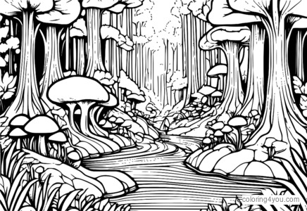 A group of elves in a lush forest surrounded by mushrooms and a stream running.