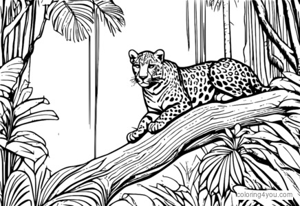 barvita ilustracija leoparda na rastlini s hišico na drevesu v ozadju