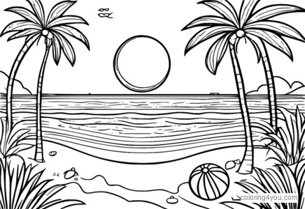 Paradise Beach Coloring Page with Beach Ball