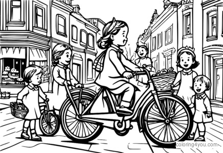 Un gruppo di bambini festeggia il compleanno di una bicicletta vintage con ruote grandi.