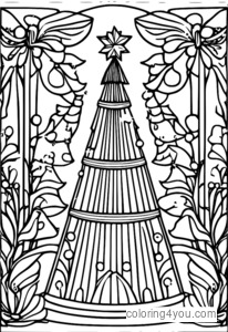 Coloring page of Christmas tree with angels playing harps