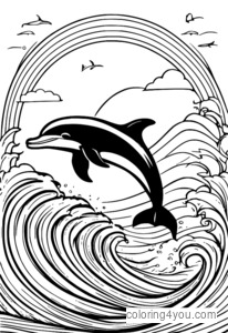 Desenhos para colorir de golfinhos surfando para crianças, criaturas oceânicas para colorir