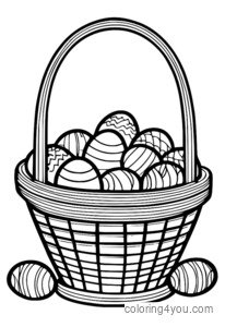 Coloring page of an Easter basket with hams, eggs, and candies.