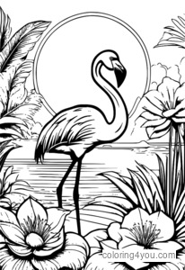 Un flamant rose entouré de fleurs épanouies avec un soleil jaune vif en arrière-plan.