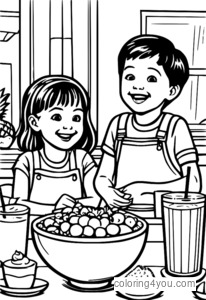 Coloring picture of happy kids enjoying smoothies and fruits