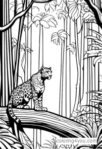 färgglad illustration av en leopard på en växt med en trädkoja i bakgrunden