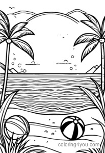 Paradise Beach Coloring Page with Beach Ball