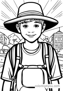 Niño con sombrero para el sol y sosteniendo una mochila camino a la escuela