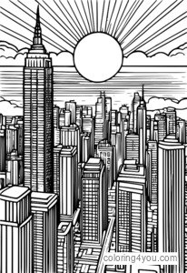 Desenho de Nascer do sol sobre a cidade para colorir