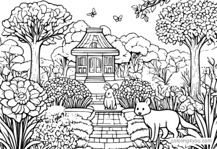 Bright and colorful garden scene with flowers and animals