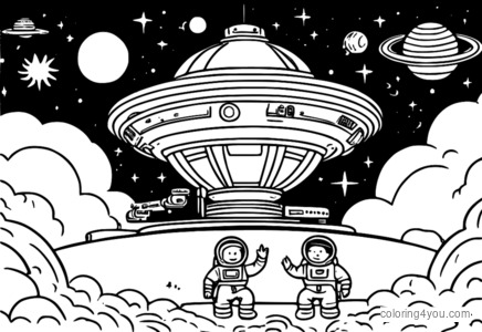 Coloring page of cute astronauts waving at Earth from space station