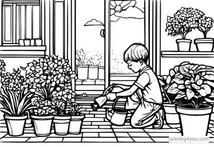 Un niño regando sus plantas con una regadera y usando un par de guantes de jardinería