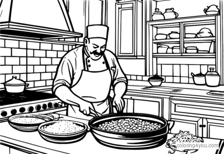 Chef sautéing garlic in an Italian kitchen with a Tuscan background