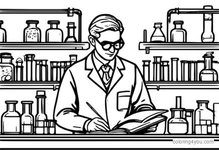 Coloring page of a scientist in a lab coat conducting a biology experiment