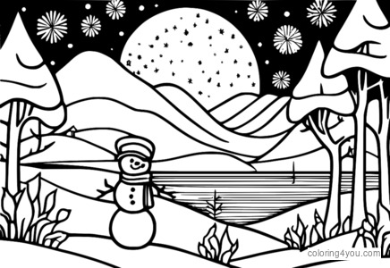 A mid-winter scene, an increase in color with fireworks in the background and a snowman also is excited and smiling with joy