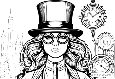 A woman wearing a steampunk top hat with goggles