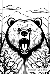 pagina da colorare di Orso grizzly arrabbiato con fumetti