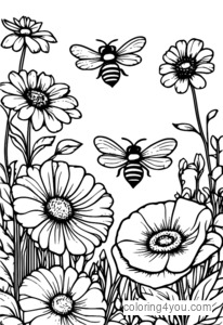 Insectos: Abejas y flores para colorear