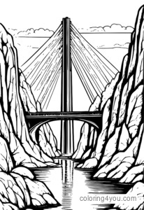 Bridge over a valley coloring page para sa mga bata.