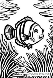 Coloring page of a clownfish swimming near a coral reef at sunset.