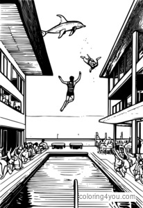 Diver in mid-air, about to enter the swimming pool, with people cheering on the deck.