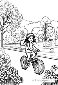 Gruppo di bambini che vanno in bicicletta in un parco con una grande ruota e fiori colorati