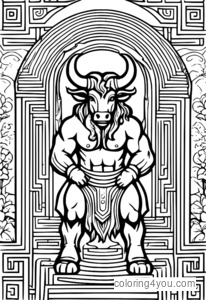 Isang minotaur na lumilikha ng magandang piraso ng sining sa isang maliwanag, makulay na labirint.