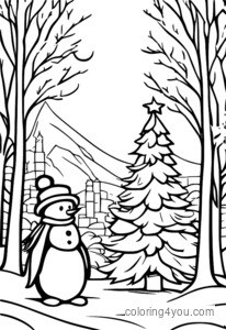 Snowman and penguin decorating Christmas tree together, peace and friendship surrounds them