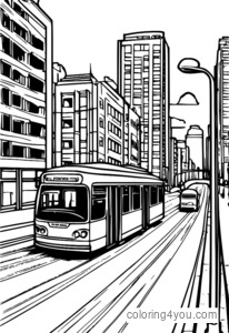 A drawing of a trolley bus driving through a city with green spaces and parks.